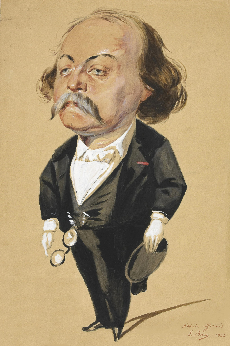 Gustave Flaubert par E. Brun (1922), copie d'une caricature réalisée par Pierre François Eugène Giraud vers 1868.